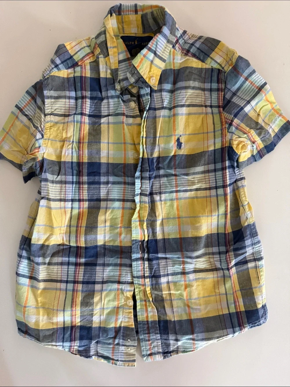 Ralph Lauren Yellow & Navy Plaid Short-Sleeve Button Shirt